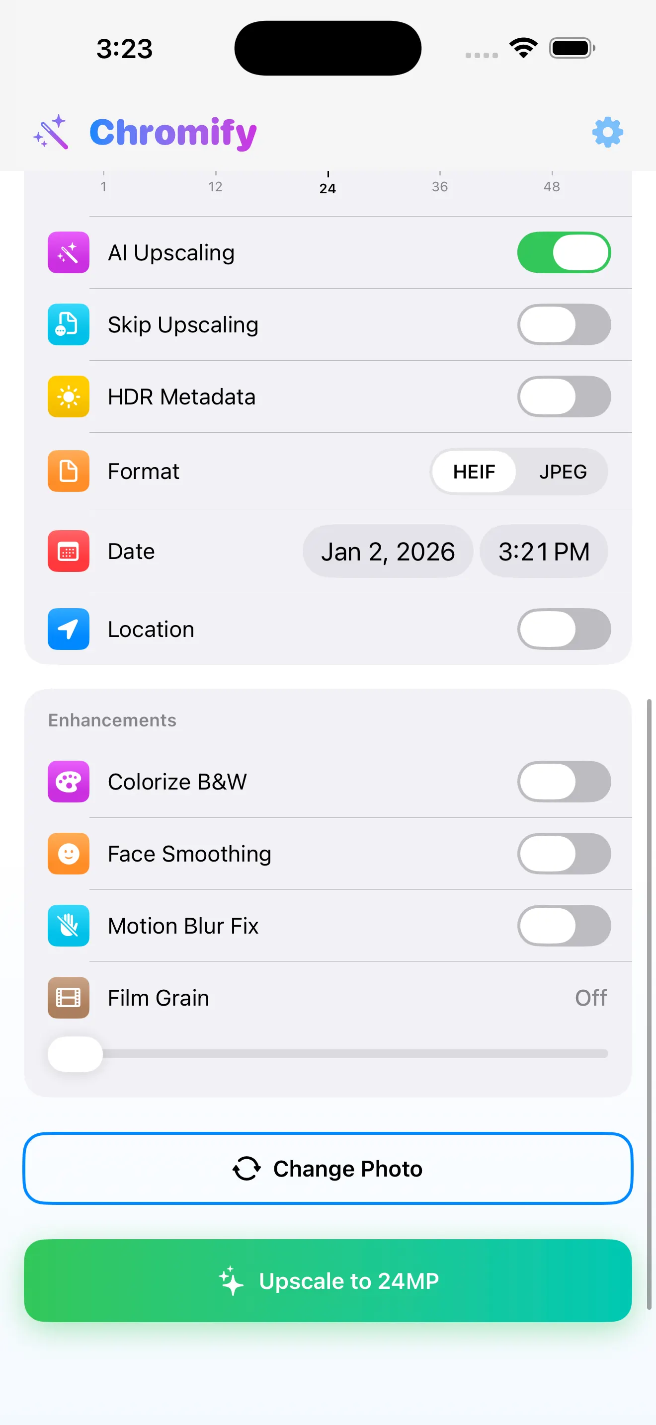 Photo enhancement controls in Chromify